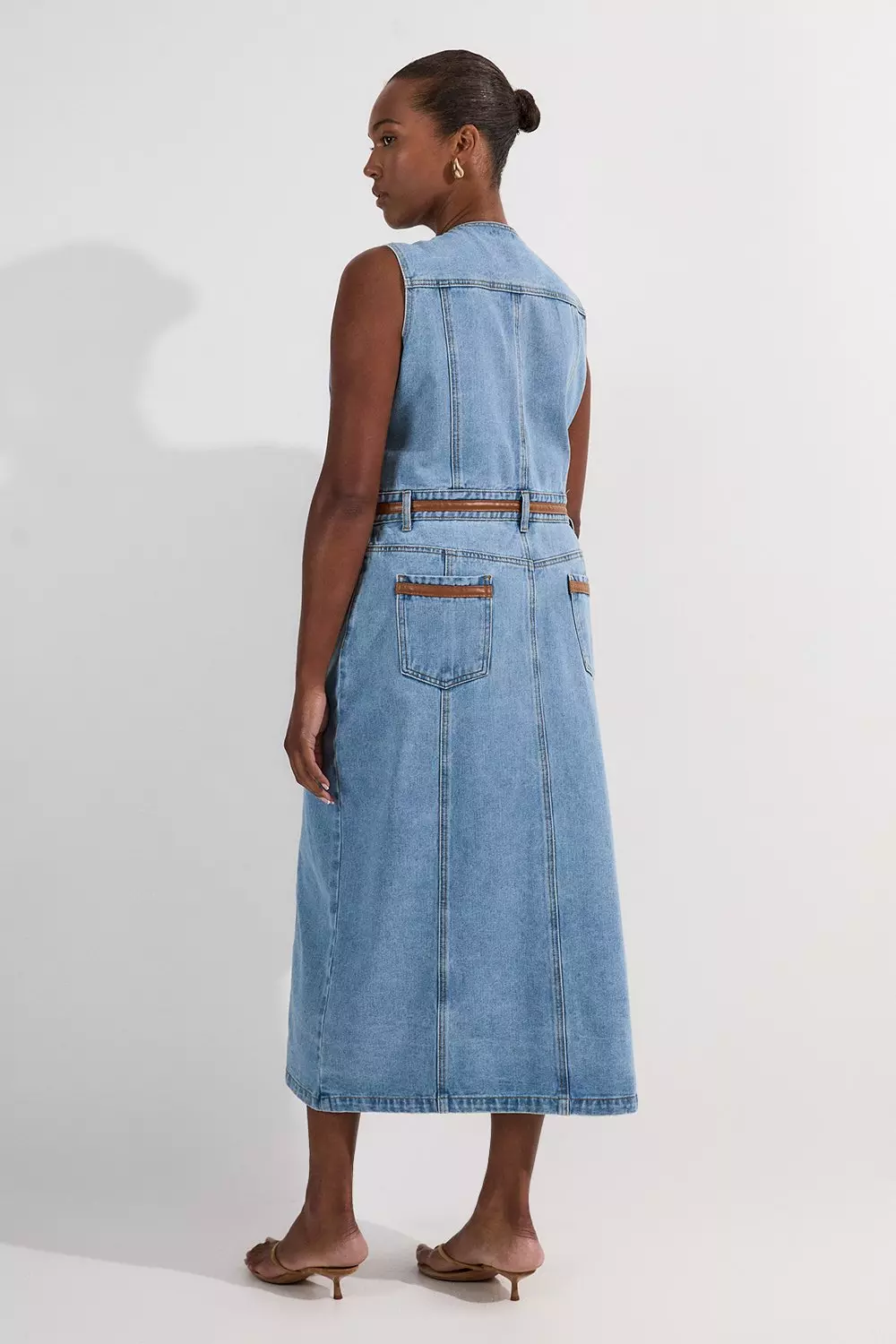 Plus Size Denim & Faux Leather Tipping Sleeveless Midi Dress